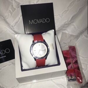 Movado Men's Silver-Tone Case Watch with Red Silicone Strap